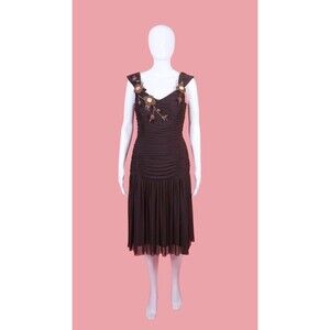 Y2K SUE WONG RUCHED Floral Appliqué, Sequined & Beaded Nylon Drop Waist Dress. S